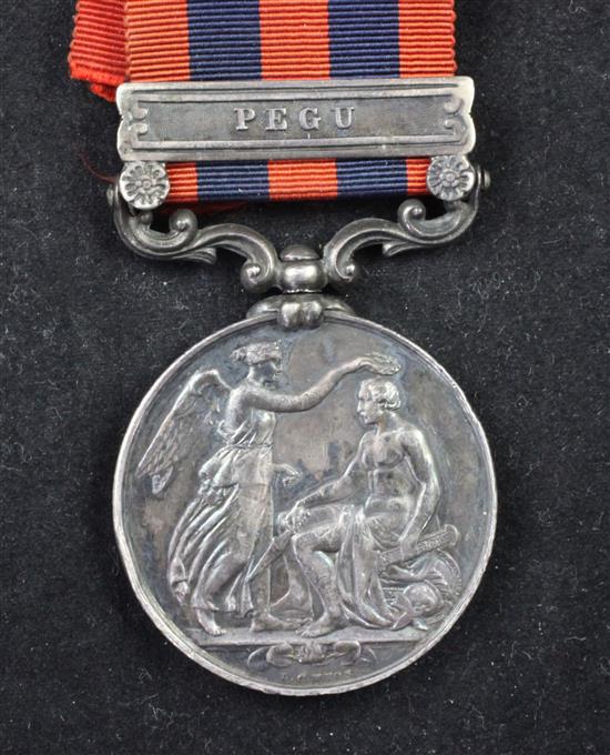 An 1854 India Campaign medal with Pegu clasp to Gunner Samuel Seymour, H.M.S Salamander